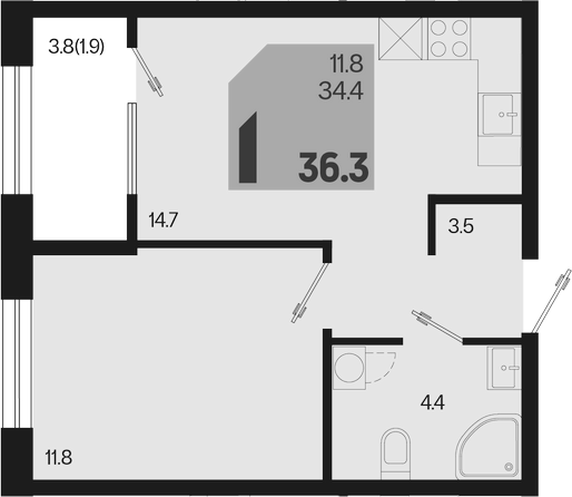 1-комн., 34.4 м², 2/9 этаж, ЖК «Первое место»