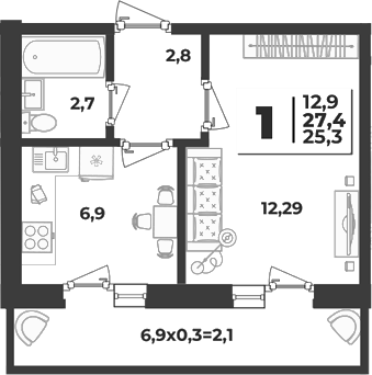 1-комн., 25.3 м², 4/5 этаж, ЖК «Дарград»