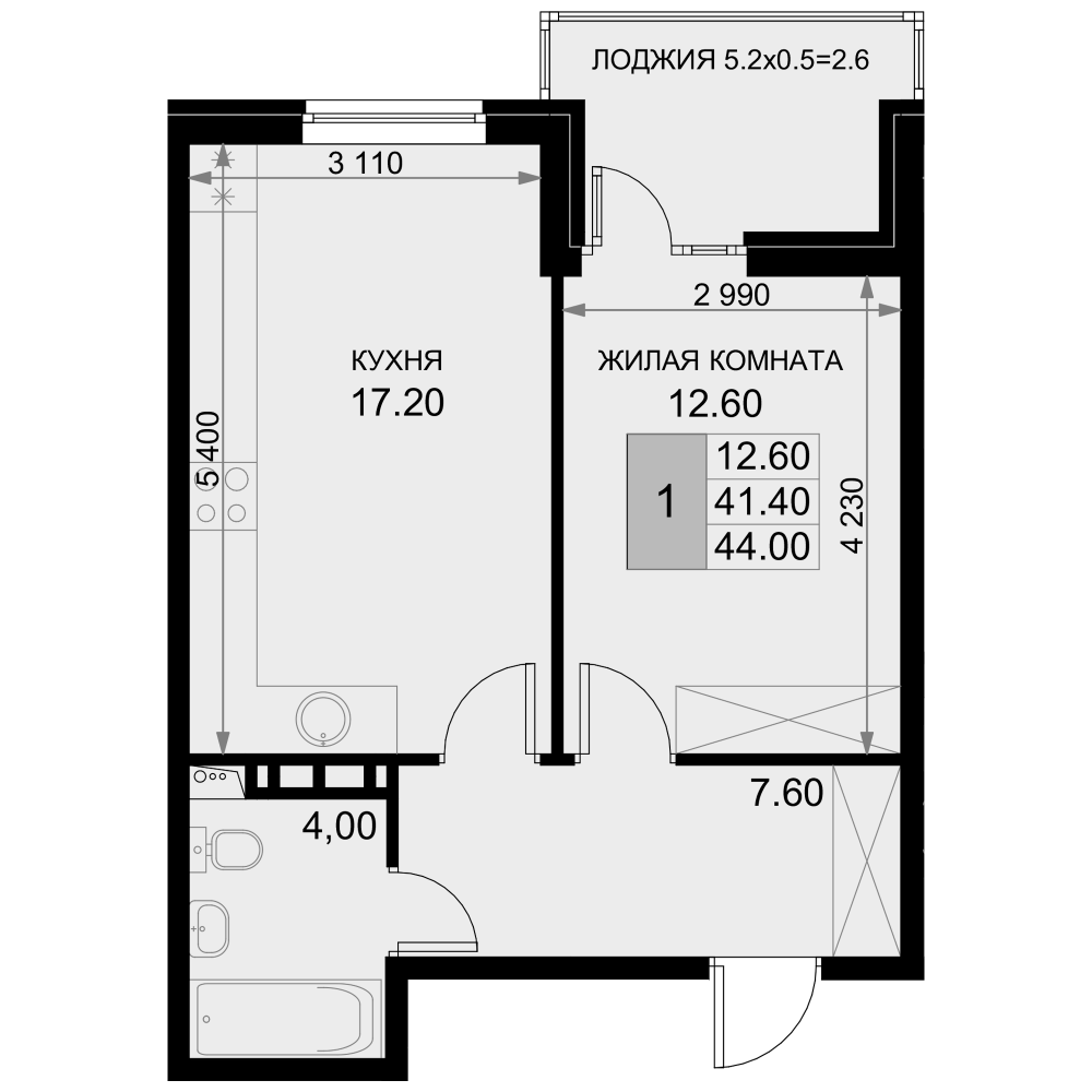 2-комн., 41.4 м², 6/7 этаж, ЖК «История»
