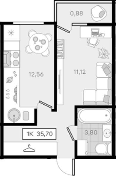 1-комн., 34.82 м², 4/8 этаж, ЖК «История 3»