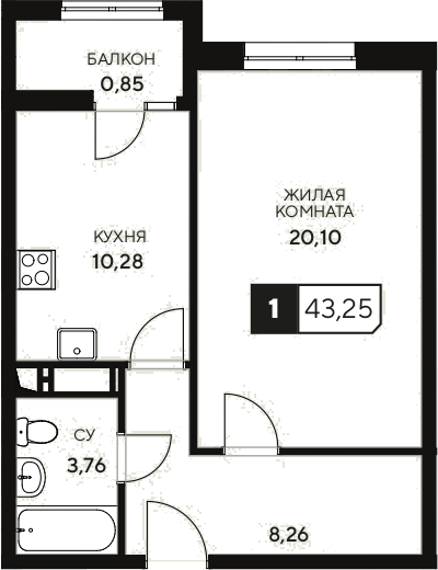 1-комн., 42.4 м², 4/20 этаж, ЖК «Центральный. Гамма»