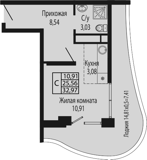 Студия, 25.56 м², 6/12 этаж, ЖК «Sun Hills Ольгинка»