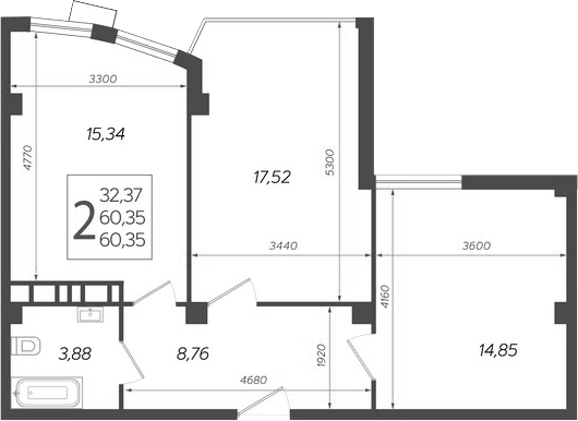 3-комн., 60.35 м², 9/14 этаж, ЖК «Режиссер»