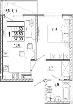 2-комн., 36.8 м², 2/15 этаж, ЖК «Лестория»
