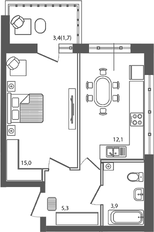 1-комн., 36.3 м², 5/9 этаж, ЖК «Сиреневый бульвар»