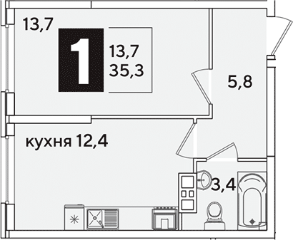 1-комн., 35.3 м², 8/16 этаж, ЖК «Самолет»