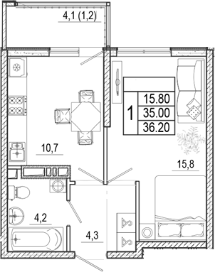 1-комн., 35 м², 14/17 этаж, ЖК «Лестория»
