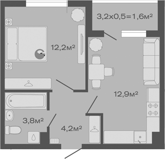 1-комн., 33.1 м², 2/4 этаж, ЖК «Дзенпарк»