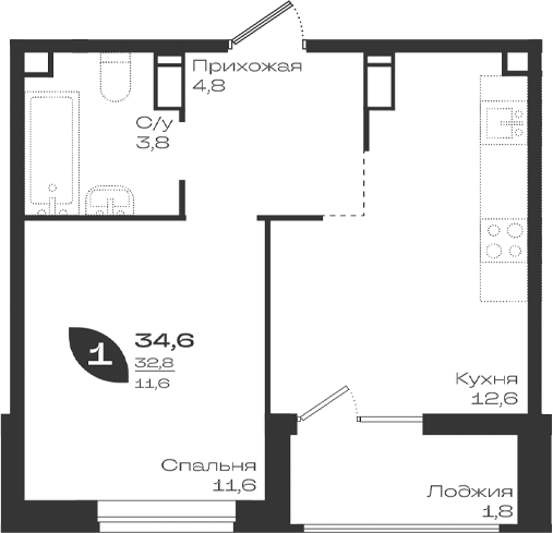 1-комн., 32.8 м², 15/18 этаж, ЖК «Ботаника»