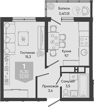 1-комн., 31.9 м², 22/24 этаж, ЖК «Облака»