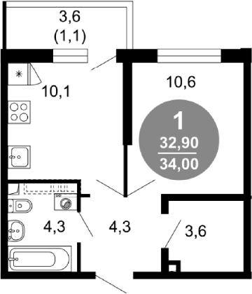 1-комн., 32.9 м², 1/17 этаж, ЖК «Лестория»