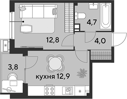 1-комн., 34.4 м², 2/18 этаж, ЖК «Парк Победы»