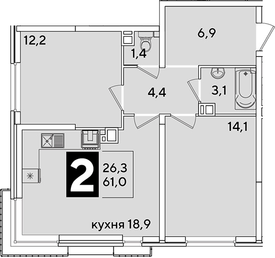 3-комн., 61 м², 3/16 этаж, ЖК «Самолет»