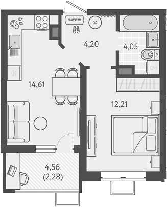 1-комн., 35.07 м², 7/9 этаж, ЖК «Теплые края»