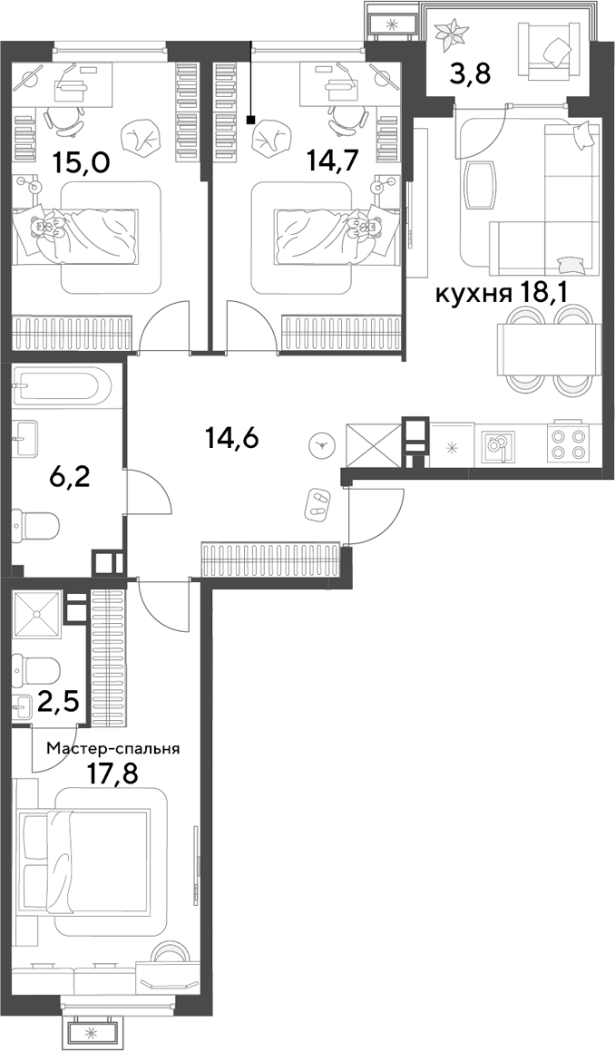 4+ комнаты, 88.9 м², 6/9 этаж, ЖК «Парк Победы»