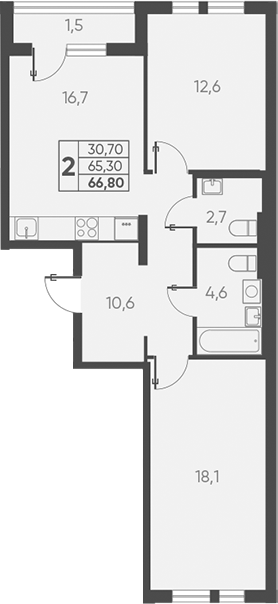 2-комн., 65.3 м², 5/15 этаж, ЖК «Барса»