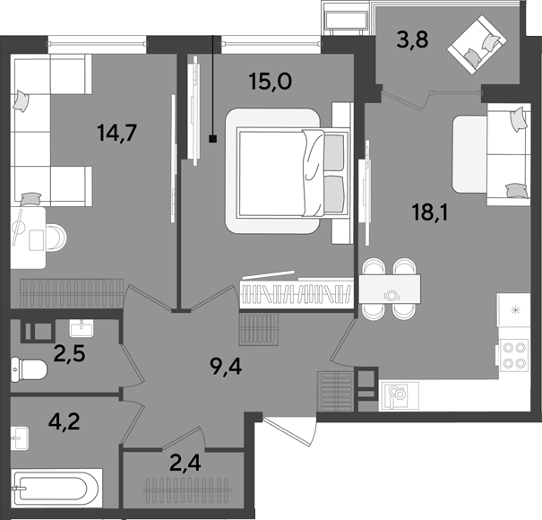 3-комн., 66.3 м², 3/9 этаж, ЖК «Парк Победы»
