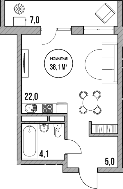 Студия, 31.1 м², 1/5 этаж, ЖК «МореТут»