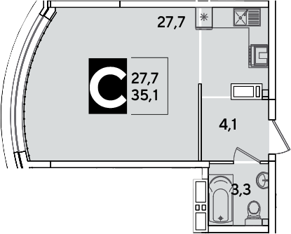 Студия, 35.1 м², 13/16 этаж, ЖК «Самолет»
