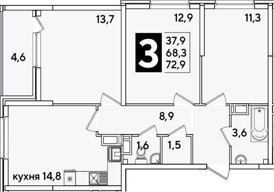 3-комн., 68.3 м², 10/16 этаж, ЖК «Самолет»