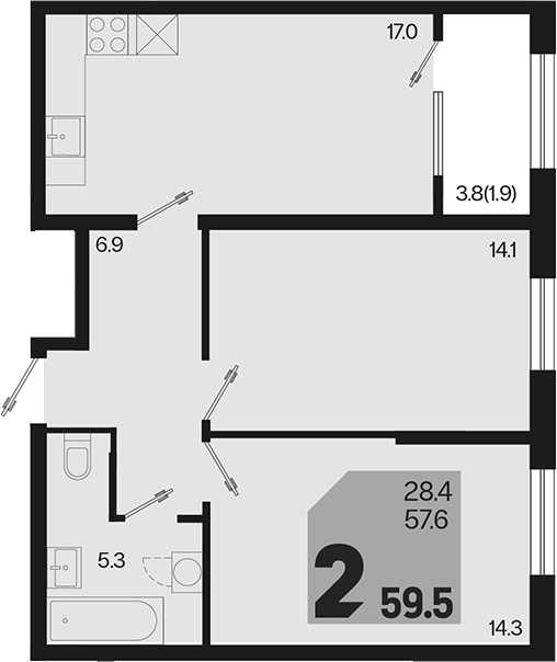 2-комн., 57.6 м², 2/18 этаж, ЖК «Первое место»