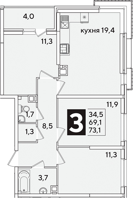 Продается 4-комн. квартира, 69.1 м²