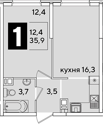 2-комн., 35.9 м², 4/16 этаж, ЖК «Самолет»
