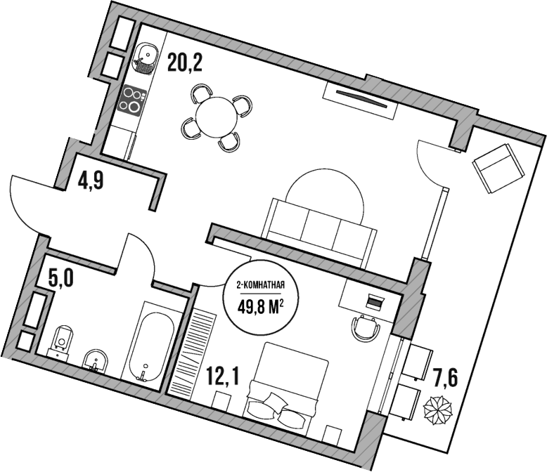 2-комн., 42.2 м², 2/5 этаж, ЖК «МореТут»