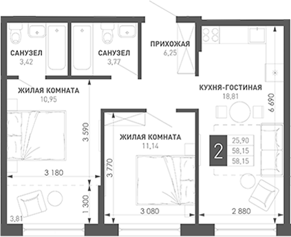 2-комн., 60.9 м², 12/18 этаж, ЖК «Иначе в Молодежном»