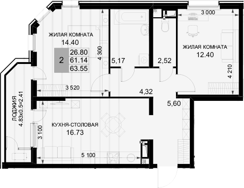 2-комн., 61.14 м², 15/18 этаж, ЖК «Фонтаны»