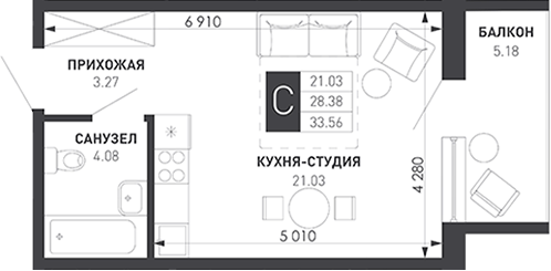 Студия, 28.38 м², 5/9 этаж, ЖК «Иначе в Молодежном»