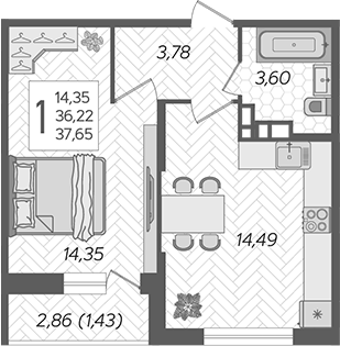 1-комн., 36.22 м², 1/12 этаж, ЖК «Смородина»