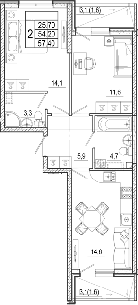 2-комн., 54.2 м², 1/17 этаж, ЖК «Лестория»