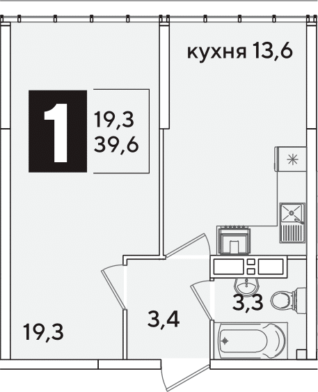 1-комн., 39.6 м², 16/16 этаж, ЖК «Самолет»
