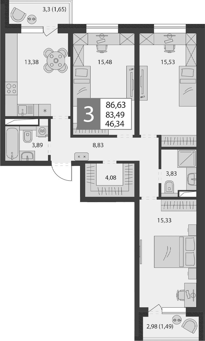 3-комн., 80.35 м², 6/9 этаж, ЖК «К24»