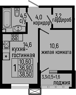 1-комн., 36.9 м², 2/11 этаж, ЖК «Звезды»