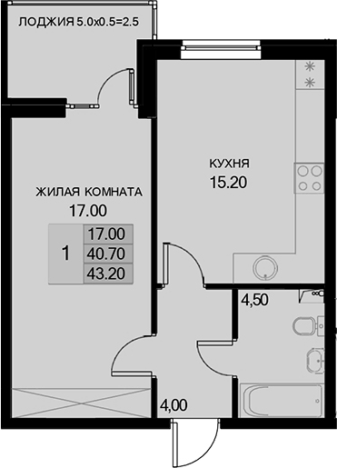 1-комн., 40.7 м², 2/7 этаж, ЖК «История»