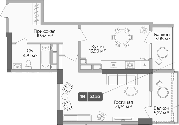 Продается 1-комн. квартира, 51.41 м²