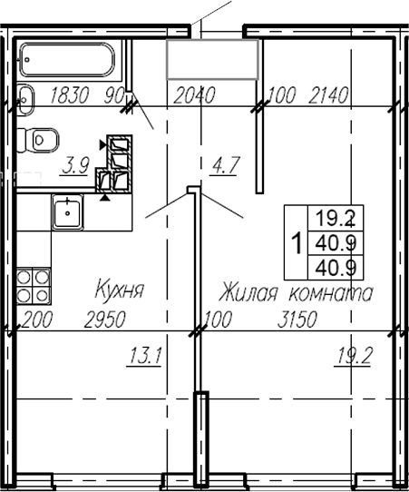 1-комн., 40.9 м², 3/4 этаж, ЖК «Эво»