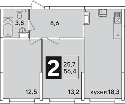 3-комн., 56.4 м², 14/16 этаж, ЖК «Самолет»