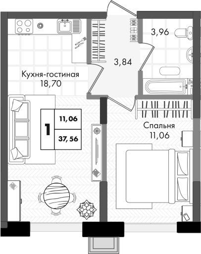 2-комн., 37.56 м², 2/9 этаж, ЖК «Зеленая территория»