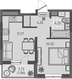 1-комн., 30.44 м², 3/9 этаж, ЖК «Теплые края»