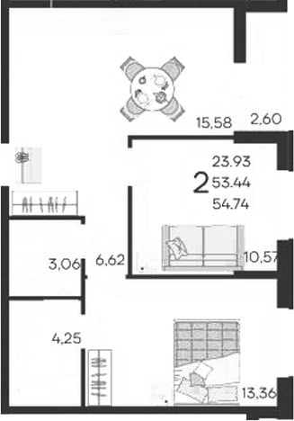 2-комн., 53.44 м², 2/9 этаж, ЖК «Дом 101»
