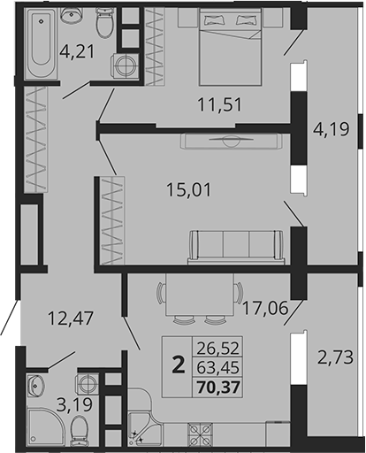 2-комн., 63.45 м², 2/18 этаж, ЖК «Родные Просторы»