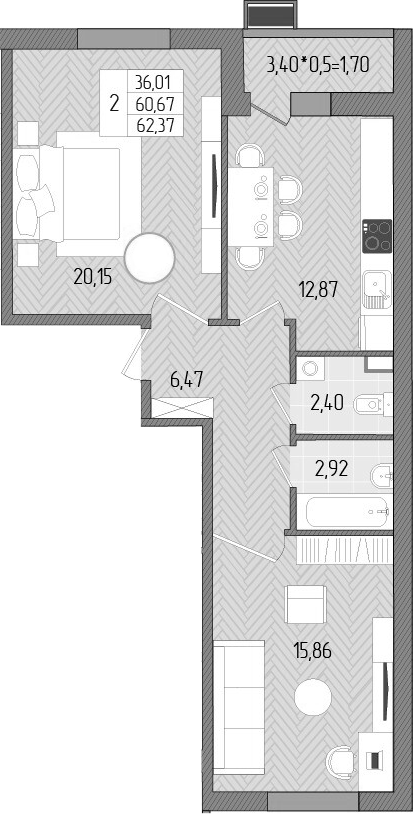 2-комн., 60.67 м², 1/8 этаж, ЖК «Сады у моря»