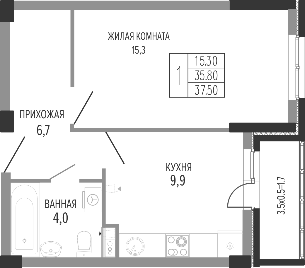 1-комн., 35.8 м², 1/7 этаж, ЖК «Екатерининский парк»