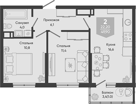 3-комн., 48.9 м², 24/24 этаж, ЖК «Облака»
