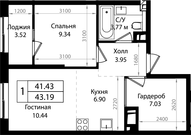 2-комн., 41.11 м², 12/18 этаж, ЖК «Патрики»