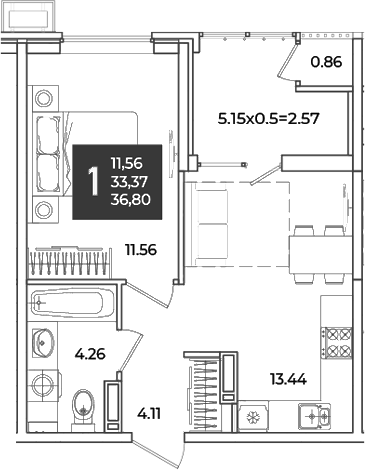 1-комн., 33.37 м², 12/18 этаж, ЖК «Образцово»