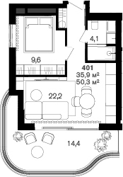 1-комн., 35.9 м², 4/6 этаж, ЖК «Benefit Sea Breeze Sochi»